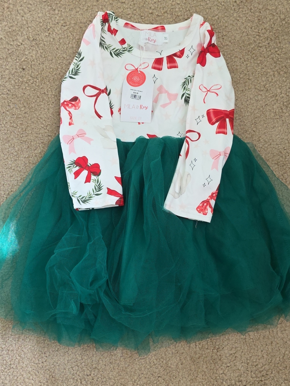 Girls' Green Tulle Holiday Dress with Red Bow Print